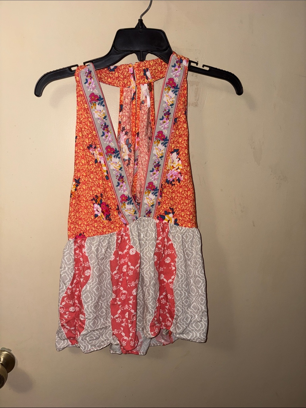 Free People Floral Patchwork V-Neck Women’s Tank Top - Orange & White size large